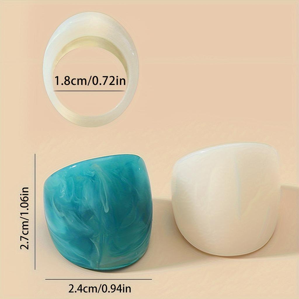 2pcs Fashion Chunky Ring Made Of Resin Ocean Blue + Milky White Match Daily Outfits Dainty Party Accessories Symbol Of Peace And Love