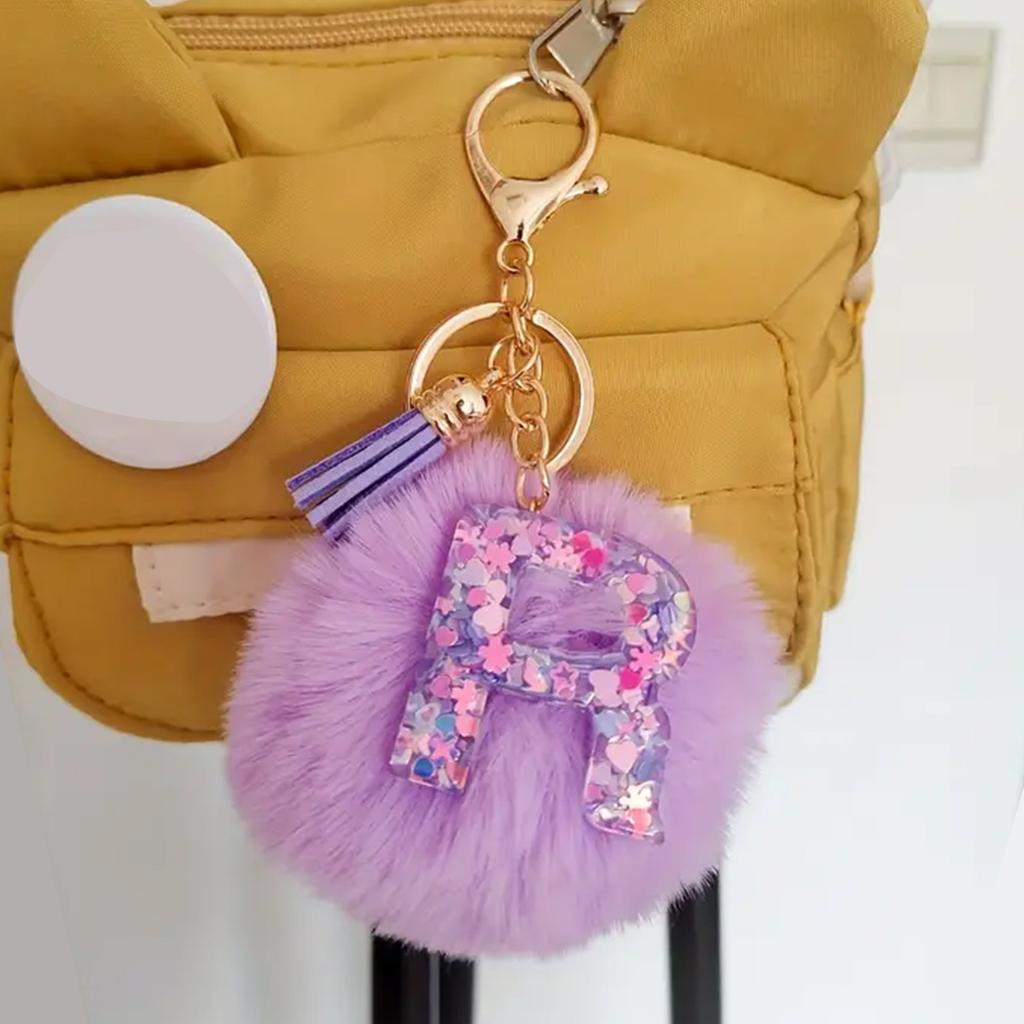 Fashion Glitter 26 Initials Letter Key Pendant With Purple Fluffy Pompom Trend Resin Alphabet Keychain Charms Party Gift