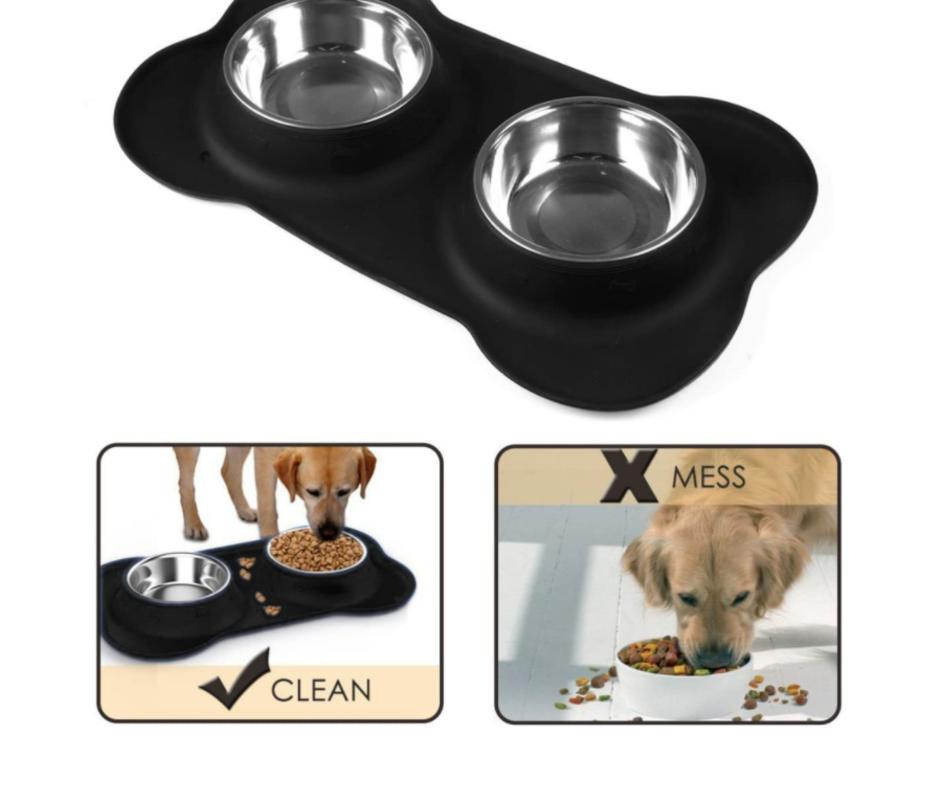 Anti-slip Double Bowl for Dog with Stainless Steel Durable Silicone Mat Drinking Water Feeding Bowl | Dog Food