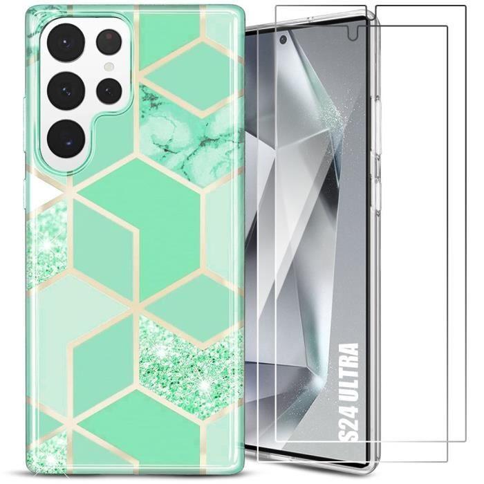 Чехол + 2 Закаленных Стекла для Samsung Galaxy S24 Ultra, Тонкий Элегантный Чехол с Рисунком Бирюзового Мрамора, Противоударный