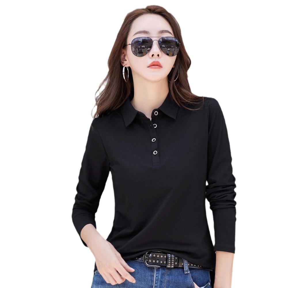 Женская футболка с длинными рукавами и лацканами, корейский стиль, тонкий хлопок, простая рубашка поло на пуговицах, универсальная профессиональная женская одежда