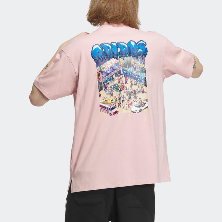 adidas Футболка Originals X Monkey Kingdom Gfx с мультяшным принтом и круглым вырезом, топы унисекс, чудесно-фиолетовый розовый IP1793