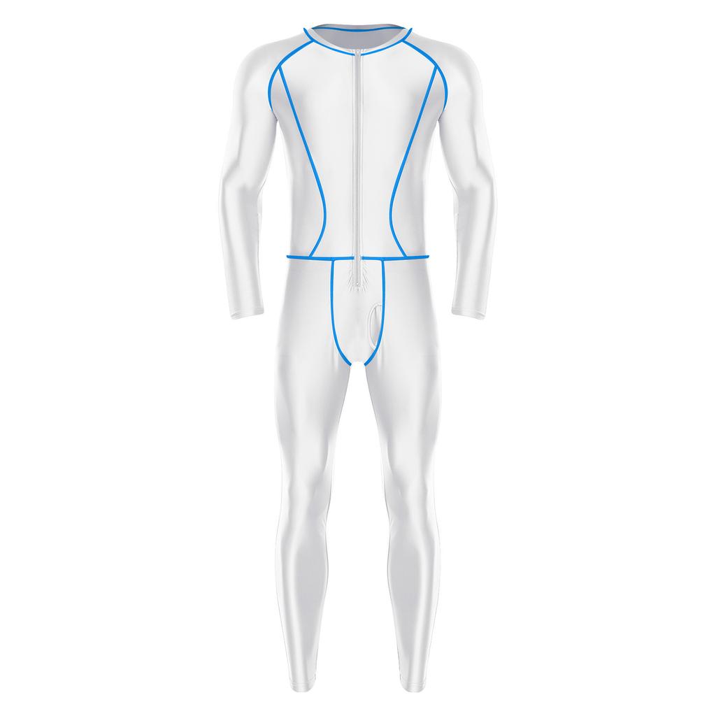 Мужской блестящий компрессионный комбинезон облегающего кроя с внешними плоскими швами, на молнии спереди, с длинными рукавами и длинными штанами, ромпер для йоги