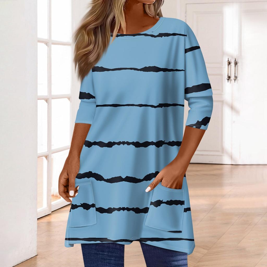 3/4 Sleeve Pocket Tops For Women T-Shirt Casual Print Mid-length Tops T Shirt Round Neck Pullover  Blouse