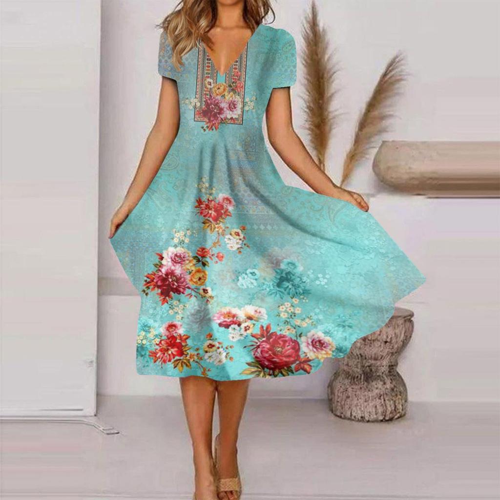 Women's Fashion And All-match Summer Temperament V-neck Printed Short-sleeved Dress