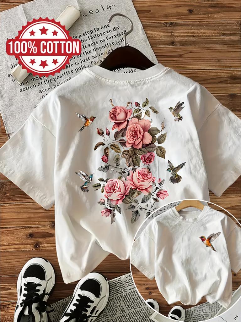 100% Polyester Women'S Floral with Bird Print T-Shirt Casual Round Neck Short Sleeve Tee Flowers Vintage Design Ladies T Shirts