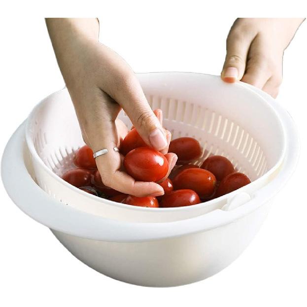 Двухслойный вращающийся дуршлаг 2 в 1 - кухонный дуршлаг для мытья фруктов, овощей, макарон (белый)