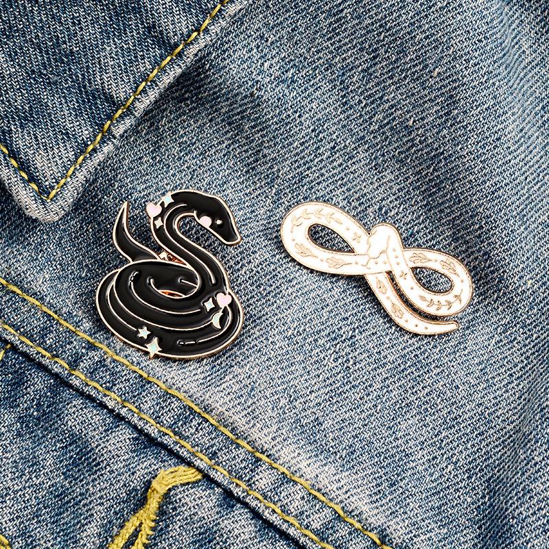 Black Snake White Enamel Pins Custom Myth Brooches Bag Clothes Lapel Pin Badge Animal Jewelry Gift For Kids Friends
