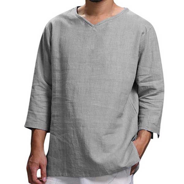 Men's Long Sleeve V-neck Cotton Linen Loose Shirt