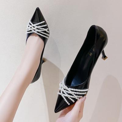 Туфли для свадебной вечеринки на тонком каблуке с милым жемчугом, женские туфли-лодочки из искусственной кожи с острым носком, женские элегантные туфли на высоком каблуке с завязками и бусинами