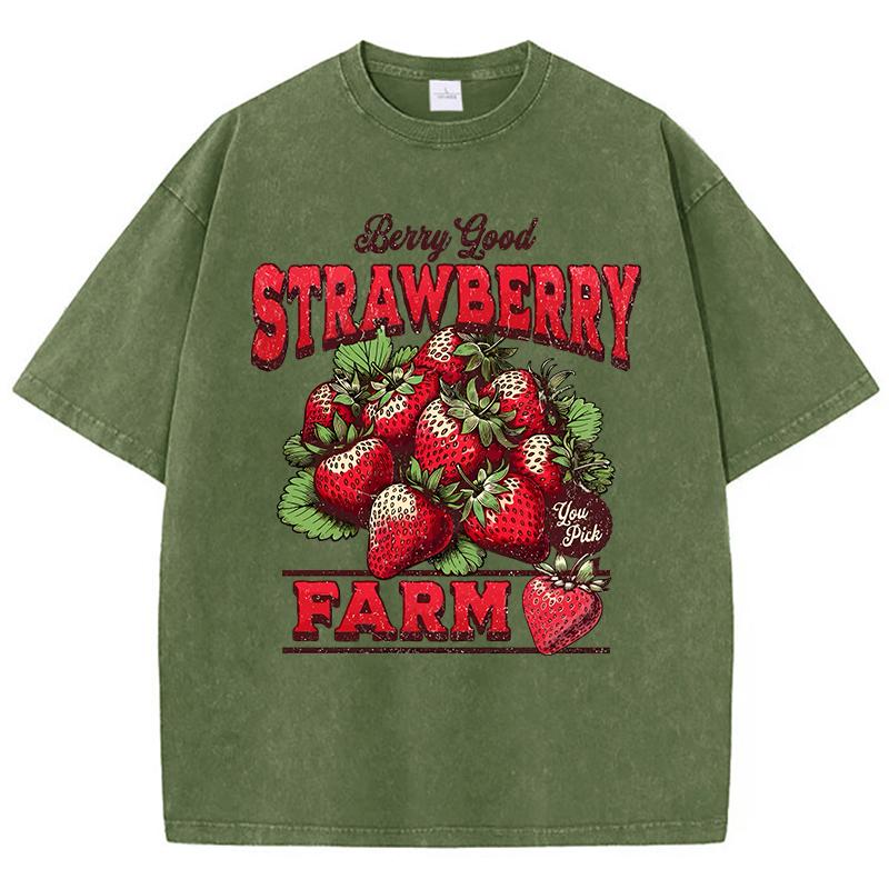 Cotton Womans Acid Wash TShirts Strawberry Farm Retro Prints Tees Comfortable Crewneck Oversized Tops Fashion Female Clothes