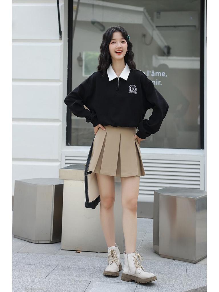 Женский пуловер с вышивкой в стиле ретро, с поло-воротником и застежкой-молнией до половины - Длинный рукав, Весна/Осень 2025