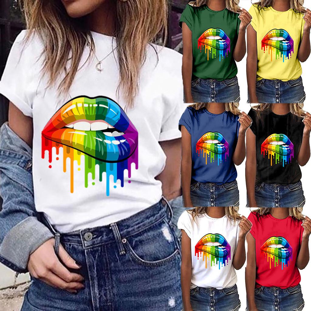 Women Plus Size Lips Gesture Print Short Sleeve T-Shirt Tops
