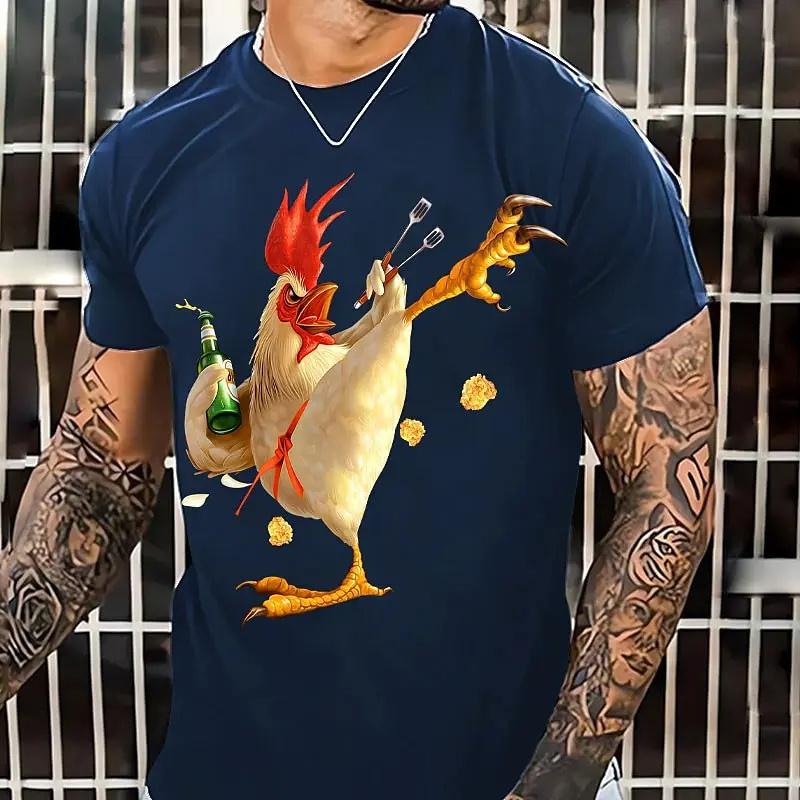 Футболка с рисунком «Боевая курица» для мужчин, красочные футболки с 3D-принтом в виде животных, летние футболки с круглым вырезом и коротким рукавом для улицы