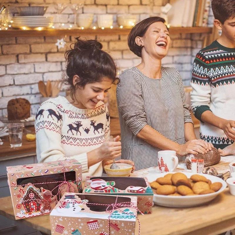 12 шт./комплект новогодняя подарочная коробка для кексов, конфет, крафт-бумага, рождественская коробка для печенья, выпечка с прозрачным окном