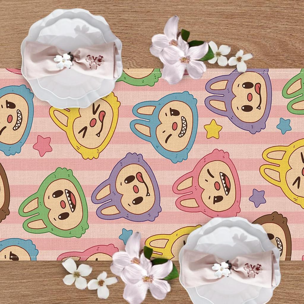 Cute Dining Table Runner, Macaron Monster Stars Burlap Kitchen Decor Holiday Birthday Gifts, Home Decoration Indoor Outdoor Party Supply 13 x 72