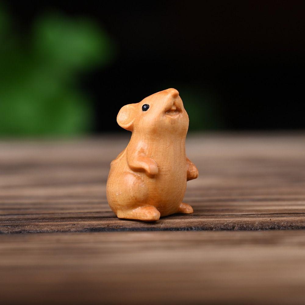 Wood Carved Zodiac Mouse Statuette Cute Animal Figurine Sculpture Crafts Hamster Statue Cabinet