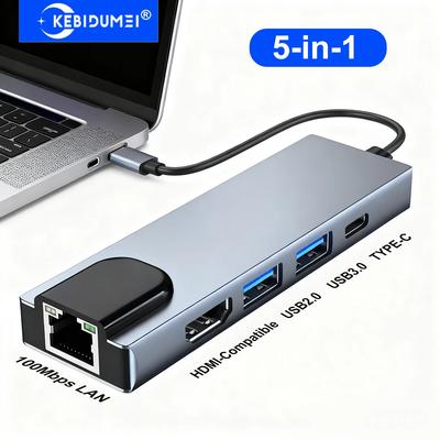 Док-станция USB C 5-в-1 Адаптер Type C к HDMI 4K30Гц/100Мбит/с/5Гбит/с USB C HUB Разветвитель USB 3.0 Для ПК Ноутбука Macbook