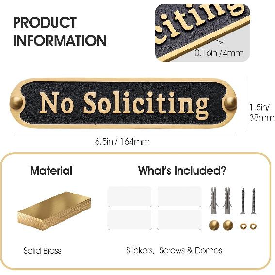 Brass No Soliciting Sign 6.5" - Brushed Matte Finish, Hidden Screws and Nanotape Adhesive, Classic Design for Front Door, Wall Decor, Home, Office,