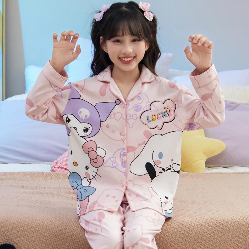 100% Cotton Girls Pajama Set Long Sleeve Thin Sleepwear Kids 8-14 Years