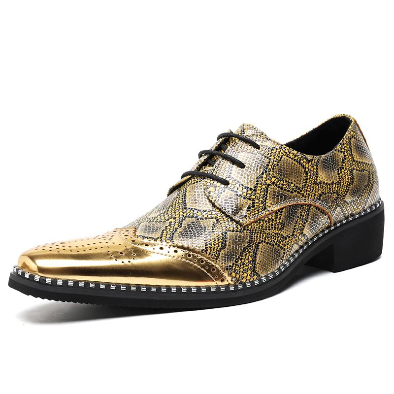 New Men Fashion Block Shoes Silver Gold Luxury Gold Lace Leather Shoes Personalized Pointed Business Dress Shoes Size 38-46