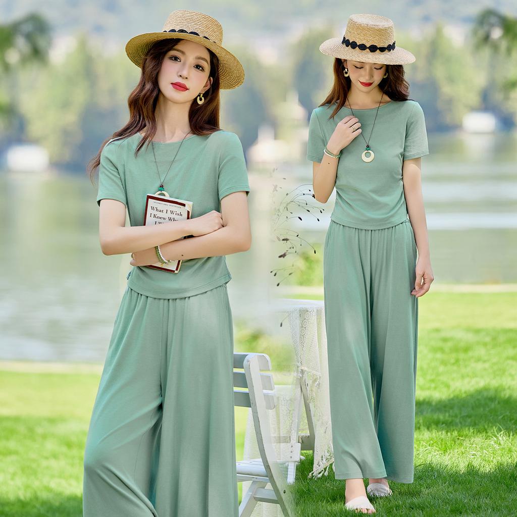 Summer new mint green round neck short-sleeved wide-leg culottes two-piece set women's summer thin fashion casual women's suit