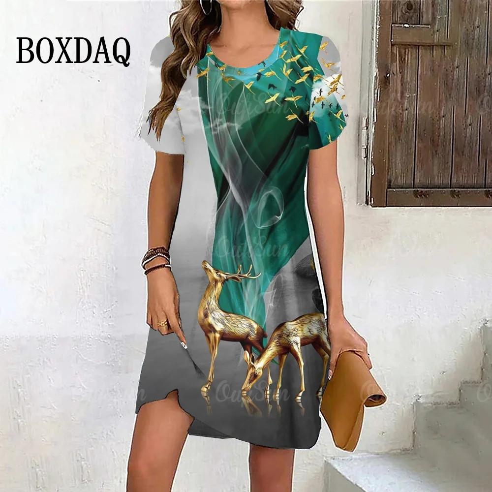 Golden Elk Print Dress Women Cute Christmas Evening Dress New Short Sleeve Sexy Dresses Fashion Party Holiday Woman Clothes