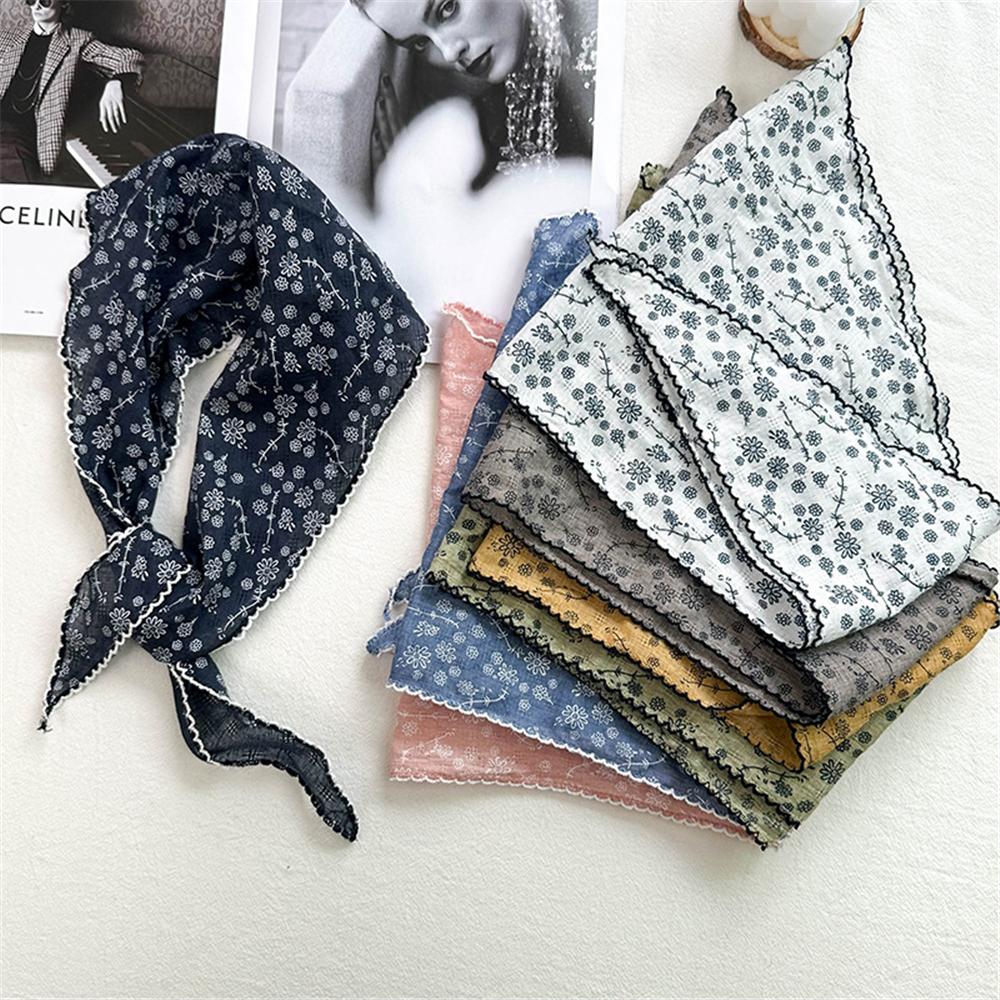 Thin Floral Triangle Scarf Lightweight Vintage Neck Scarf Comfortable Cotton Linen Scarf for Women