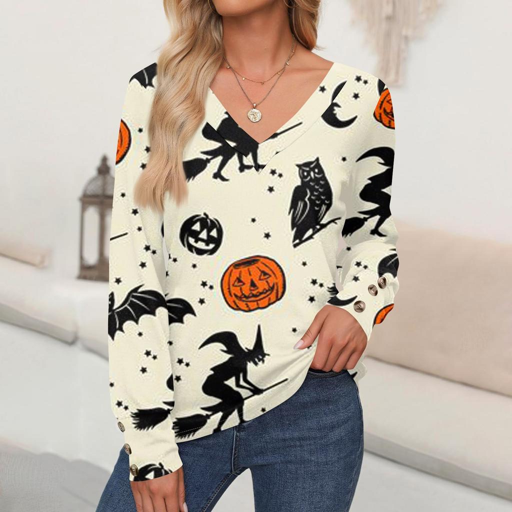 Women's Tops Halloween Printed Long Sleeve Shirt V Neck Casual Loose T-Shirt Autumn Clothing
