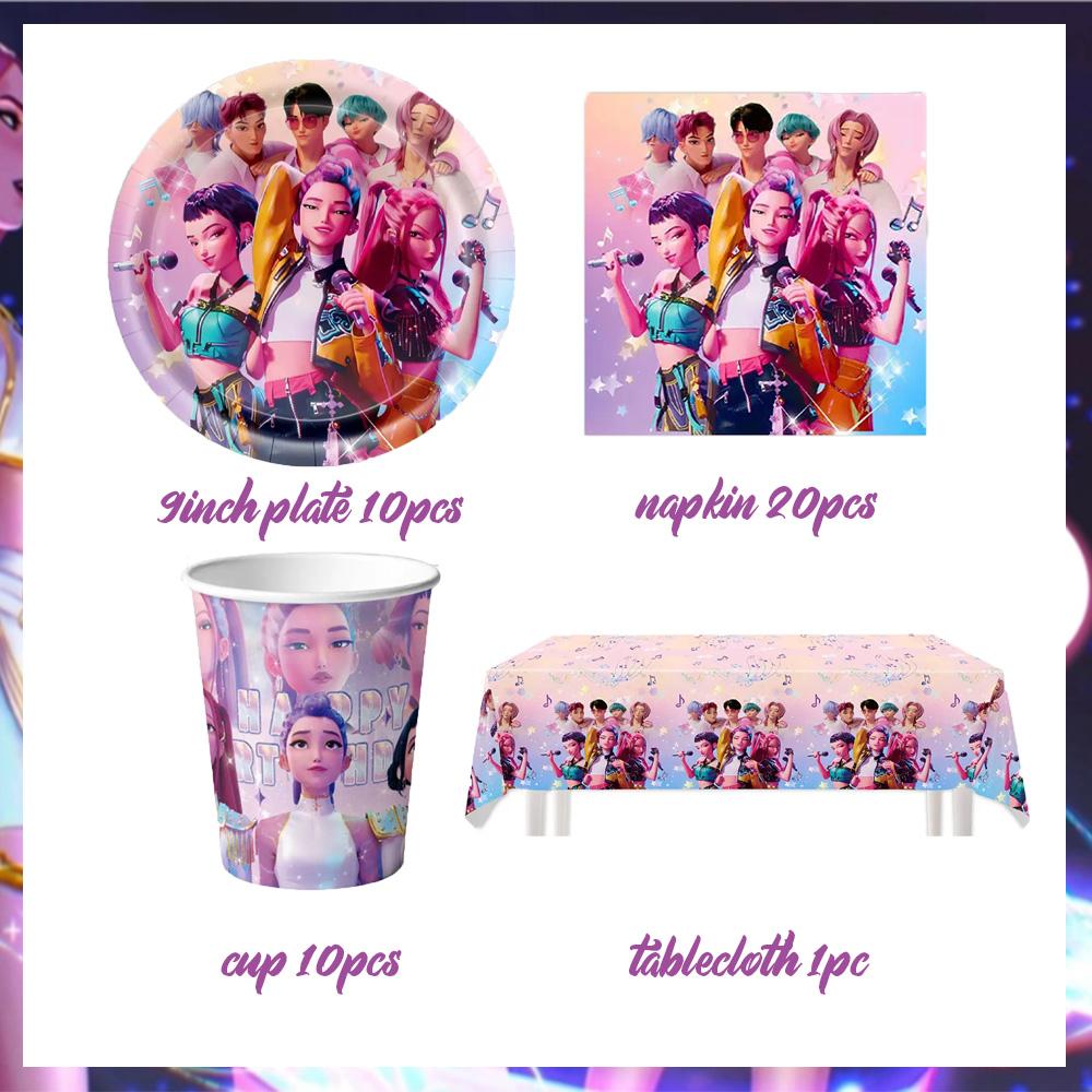 KPop Girl Demon Hunter Birthday Party Decorations Purple Disposable Tableware Anime Pink Balloons Backdrop Banner Cake Toppers