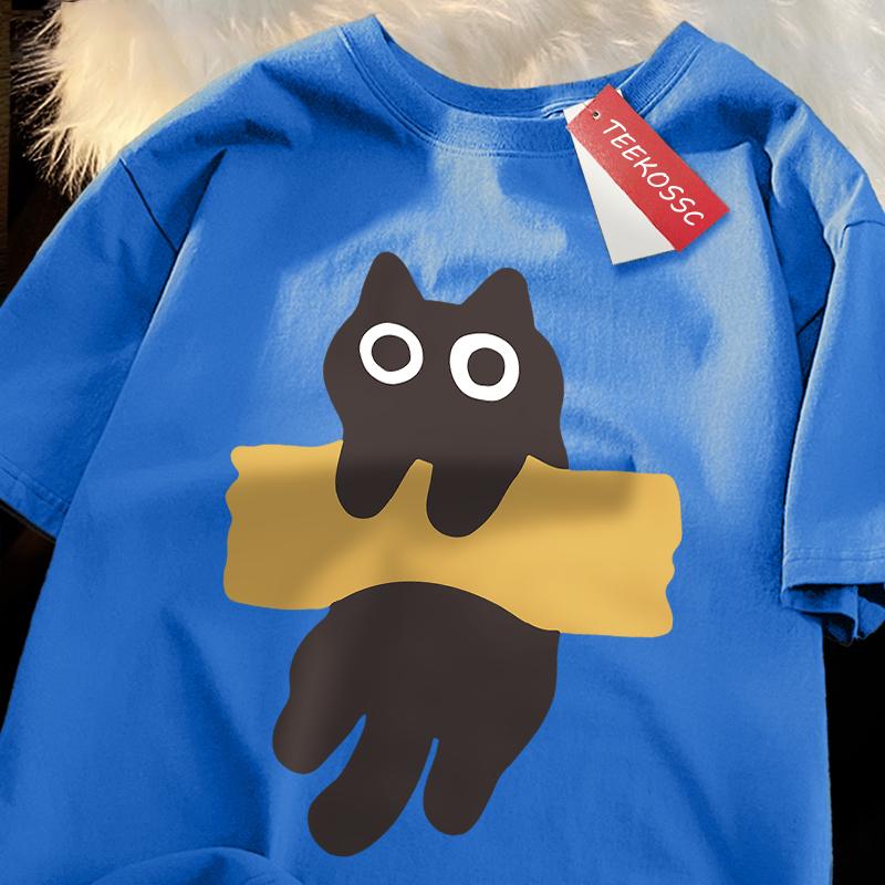 Забавная клейкая лента с принтом кошки в японском стиле, мужские и женские хлопковые футболки оверсайз с коротким рукавом и круглым вырезом, новые топы и футболки