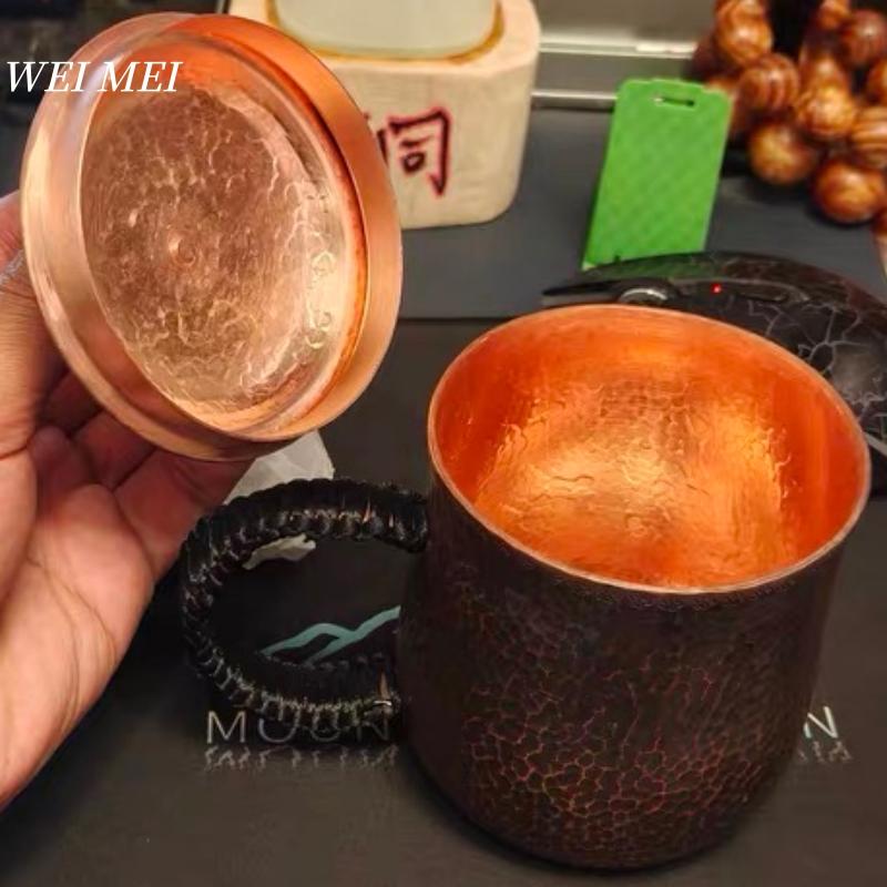 Винтажная Медная Кружка для Кофе, Утолщенная, с Крышкой, 500 мл, Стакан для Холодных Напитков, Ручная Работа, Текстура Молотка, Плетеная, Кружка для Чая, Посуда