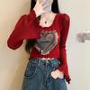 Women's Red V-Neck Knit Sweater: Early Autumn Skin-Baring, Short Flared Long Sleeve
