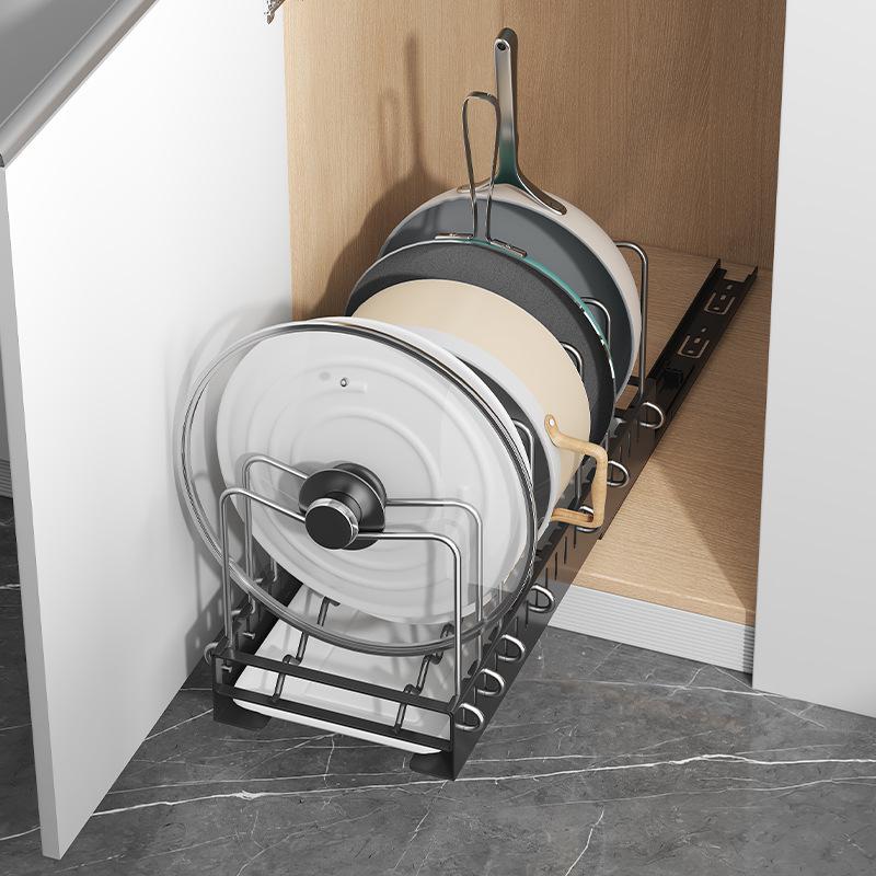 Under-Sink Pull-Out Pot and Lid Storage Rack with Chopping Board Divider