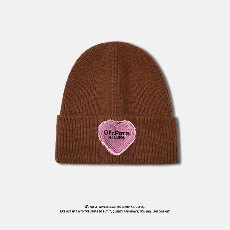 Love Patch Knitted Hat for Women in Autumn and Winter Versatile Fashionable Woolen Hat Large Head Circumference Warm Pullover Cold Hat