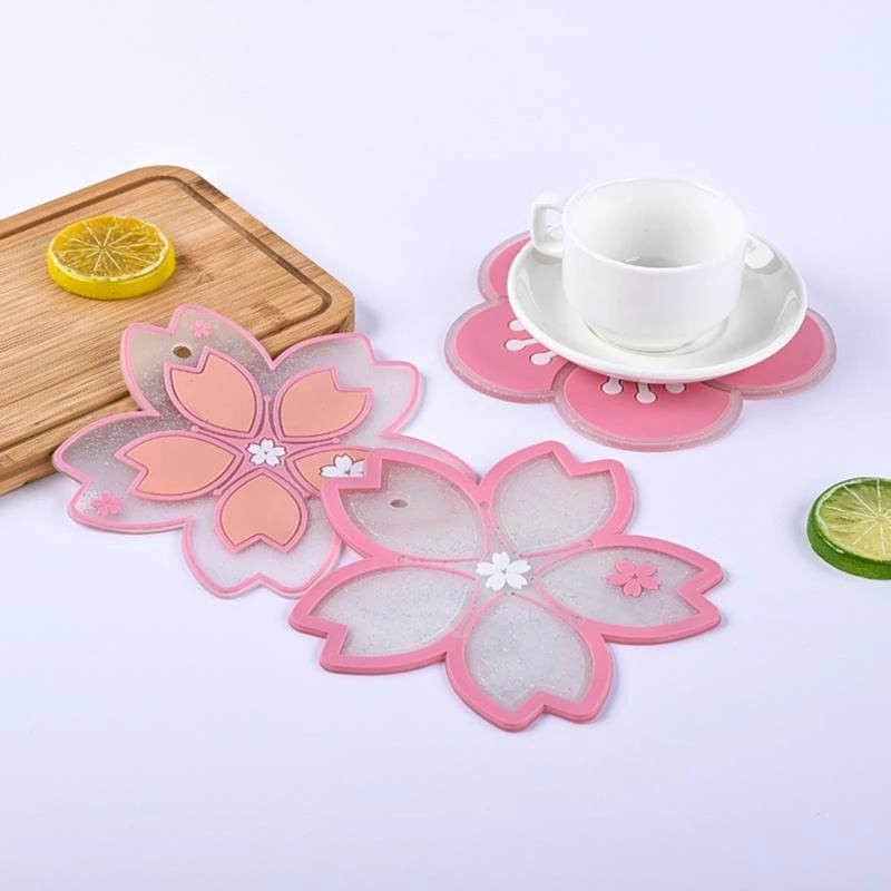 Dining Table Mat Cherry Lucky Clover Blossom Heat Insulation Pad Anti-skid Cup Pads Non-slip Coaster Kitchen Accessories