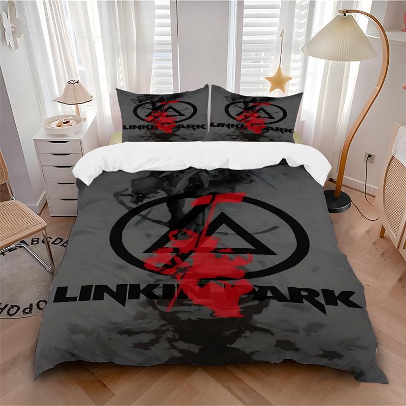 3 шт. Комплект постельного белья с принтом группы Linkin Park - Можно стирать в машине, Включает 1 пододеяльник и 2 наволочки, Без наполнителя, Для всех сезонов