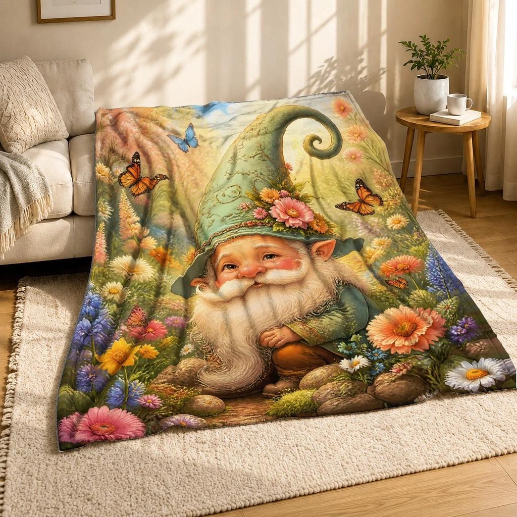 Garden Gnome Flower Meadow Coral Fleece Blanket