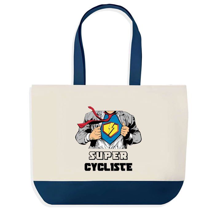 Sac shopping - PLANETEE - Design Graphique Grand Sac Courses Cabas - Super Cycliste fond bleu - Coton - 40x45 cm