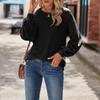 Women's Fashion Casual Solid Color Striped Round Neck Pullover Lace Long Sleeve Top T-shirt