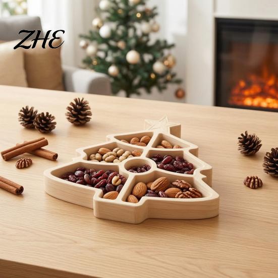Holiday Table Centerpieces Wooden Christmas Divided Tray, Gingerbread Man Santa Xmas Tree Compartment Snack Claus Party Platters Platter, Wood