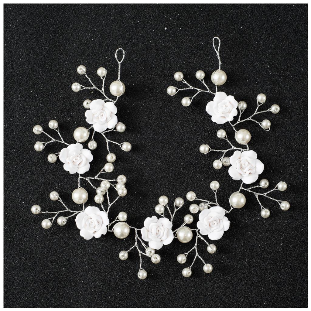 Bridal White Flower Headband Soft Ceramic Rose Headdress Pearls Hair Vine for Banquet Wedding Masquerade