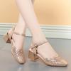 Fashion 4.5cm Breathable Pointed Toe Mesh Rhinestone Med Block Heels Sandals 2024 Summer Soft Leather Shoes Women For Office Mom Party