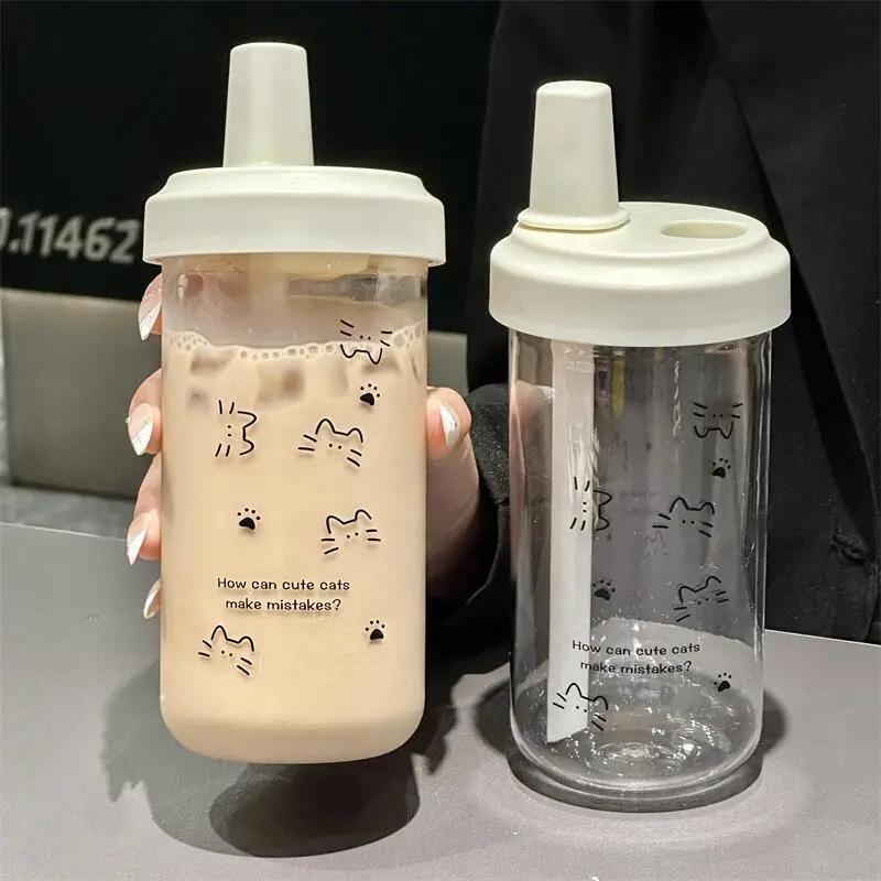 Новая пластиковая бутылка для воды для девочек с крышкой-поилкой, пластиковый стакан для бабл-чая, простая уличная школьная бутылка для питья с трубочкой
