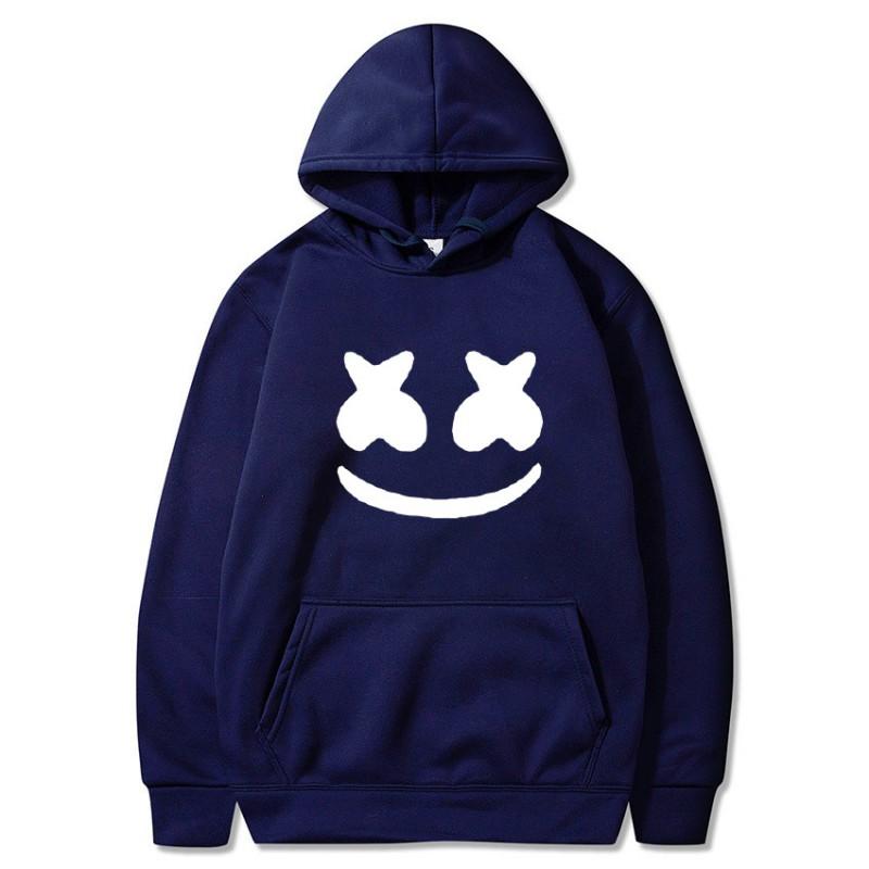 Mens Marshmello Smiley Face Hooded Sweatshirt Loose Fit Cotton Blend Winter Pullover