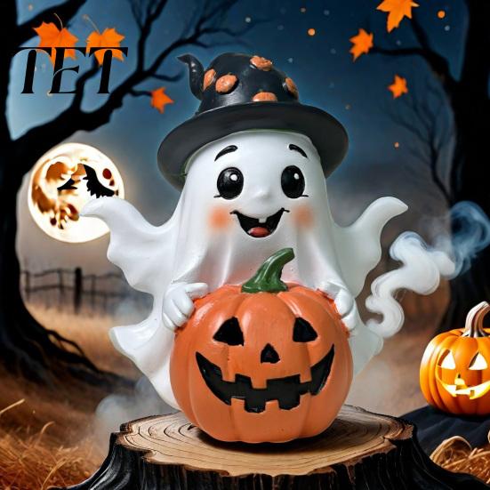 Exquisite Craftsmanship Resin Art Halloween Ghost Decoration, Holding Pumpkin Figurine with Witch Adorable Set Hat, Spooky Cute Tabletop Decor