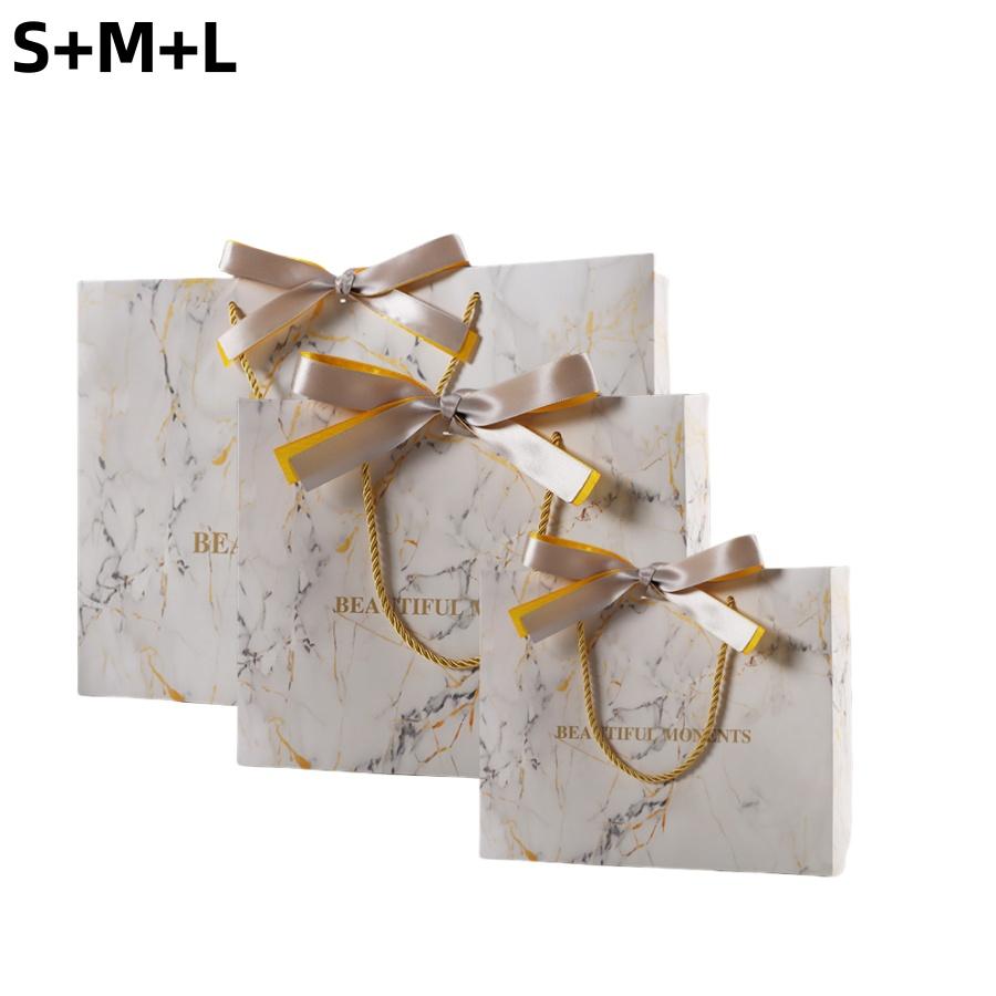 3 шт. Подарочный пакет с мраморным узором День рождения Фестиваль Вечеринка Белый Сумка-тоут для хранения Золотая лента Упаковка для выпечки Подарочный бумажный пакет