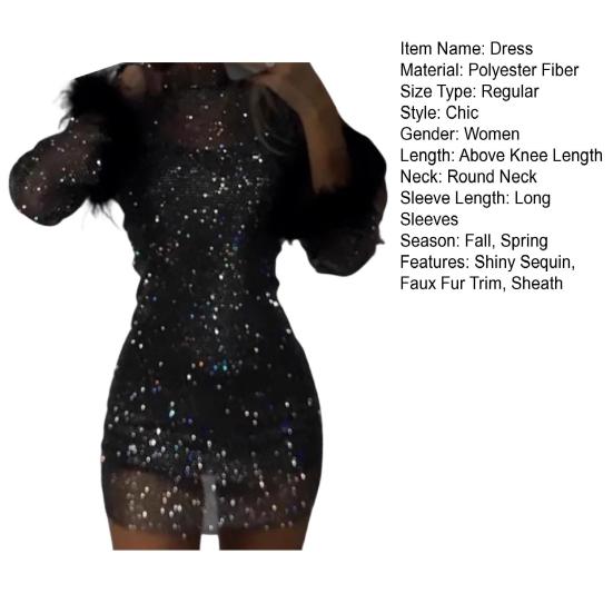 Женское вечернее платье с пайетками, пушистым декором из искусственного меха, облегающее мини-платье с длинными рукавами, сетчатое платье для выпускного вечера