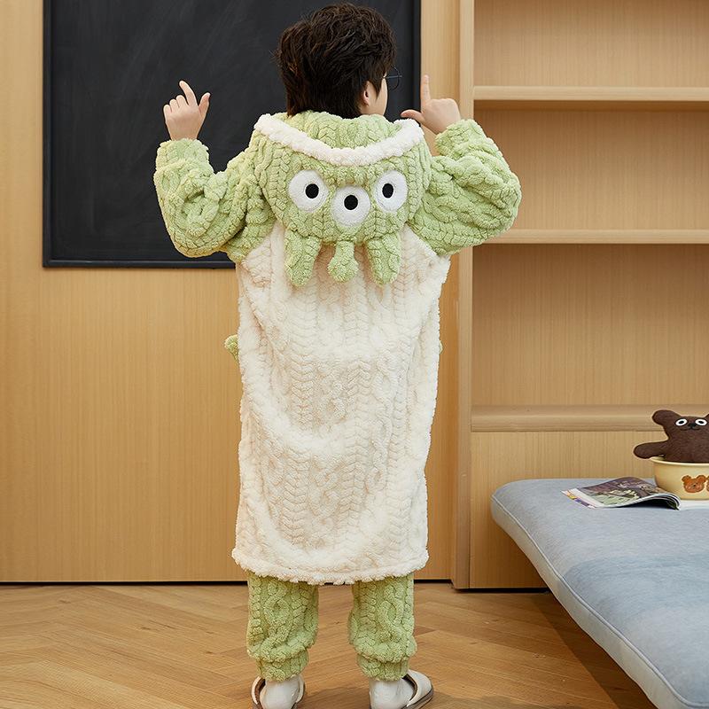 Kids Flannel Pajamas Set Boys Girls Warm Long Sleeve Top And Pants Sleepwear Winter Home Nightwear