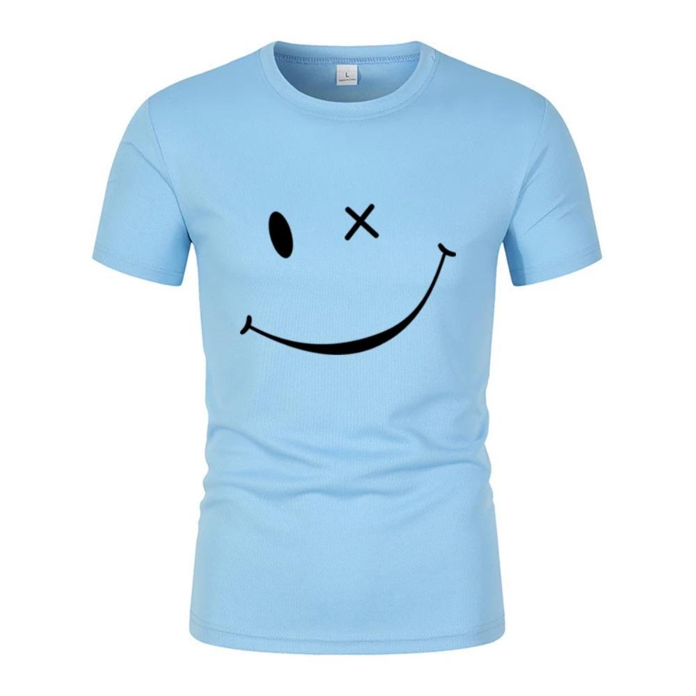 Быстросохнущая дышащая однотонная мужская новая модная простая футболка с забавным принтом смайликов с короткими рукавами, повседневные уличные топы для мужчин